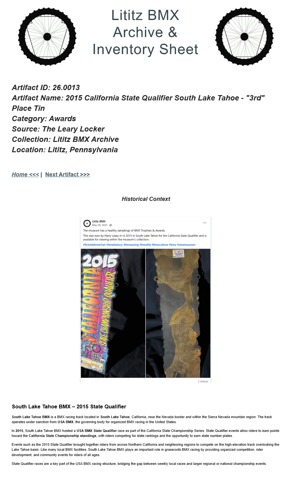 26.0013 — 2015 California State Qualifier South Lake Tahoe - “3rd” Place Tin