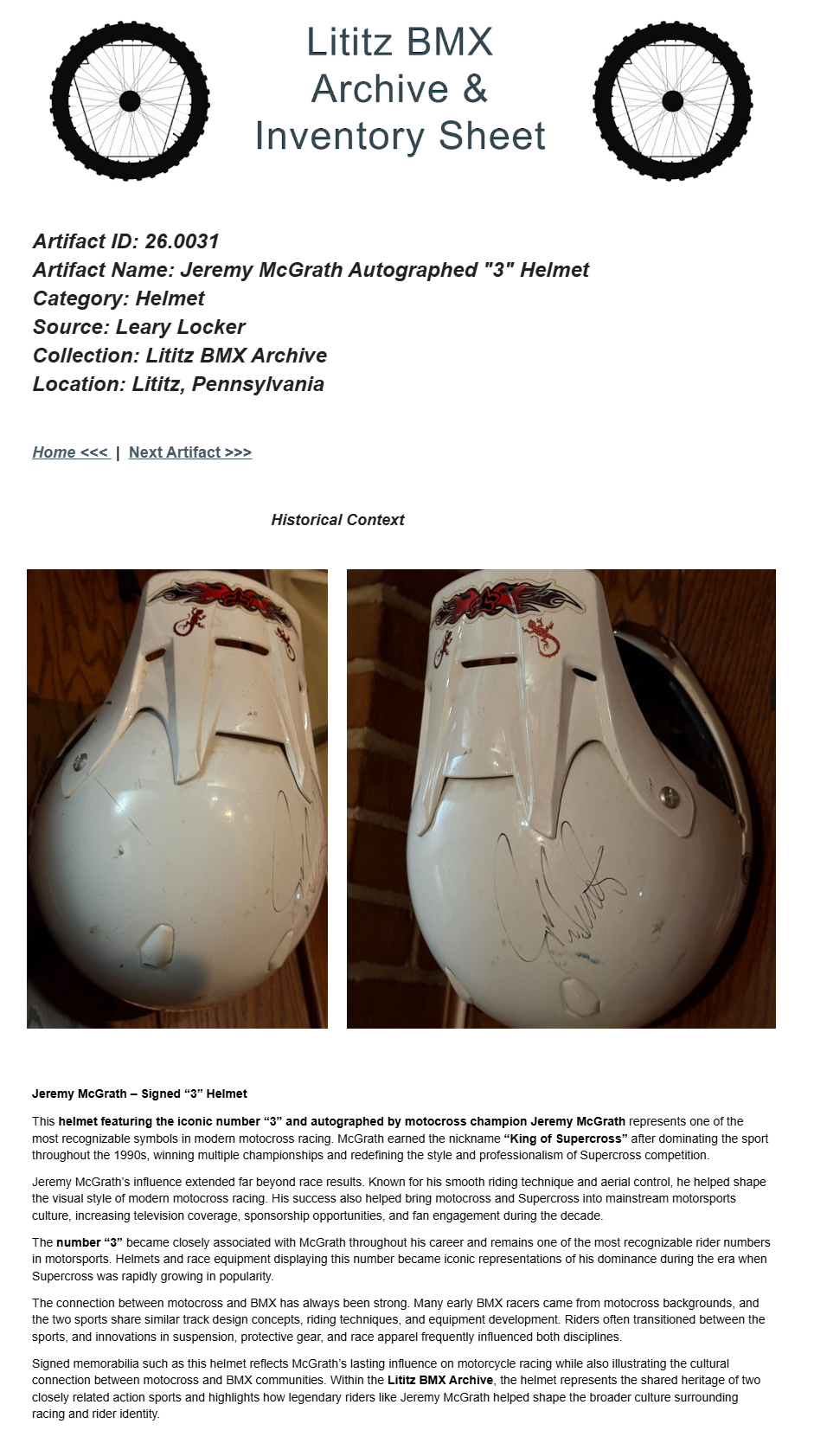 26.0031 — Jeremy McGrath Autographed “3” Helmet