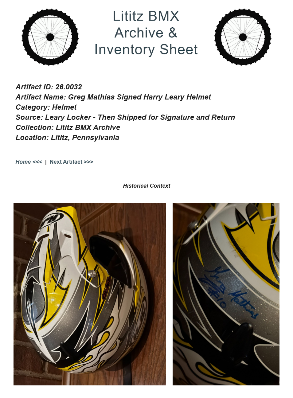 26.0032 — Greg Mathias Signed Harry Leary Helmet