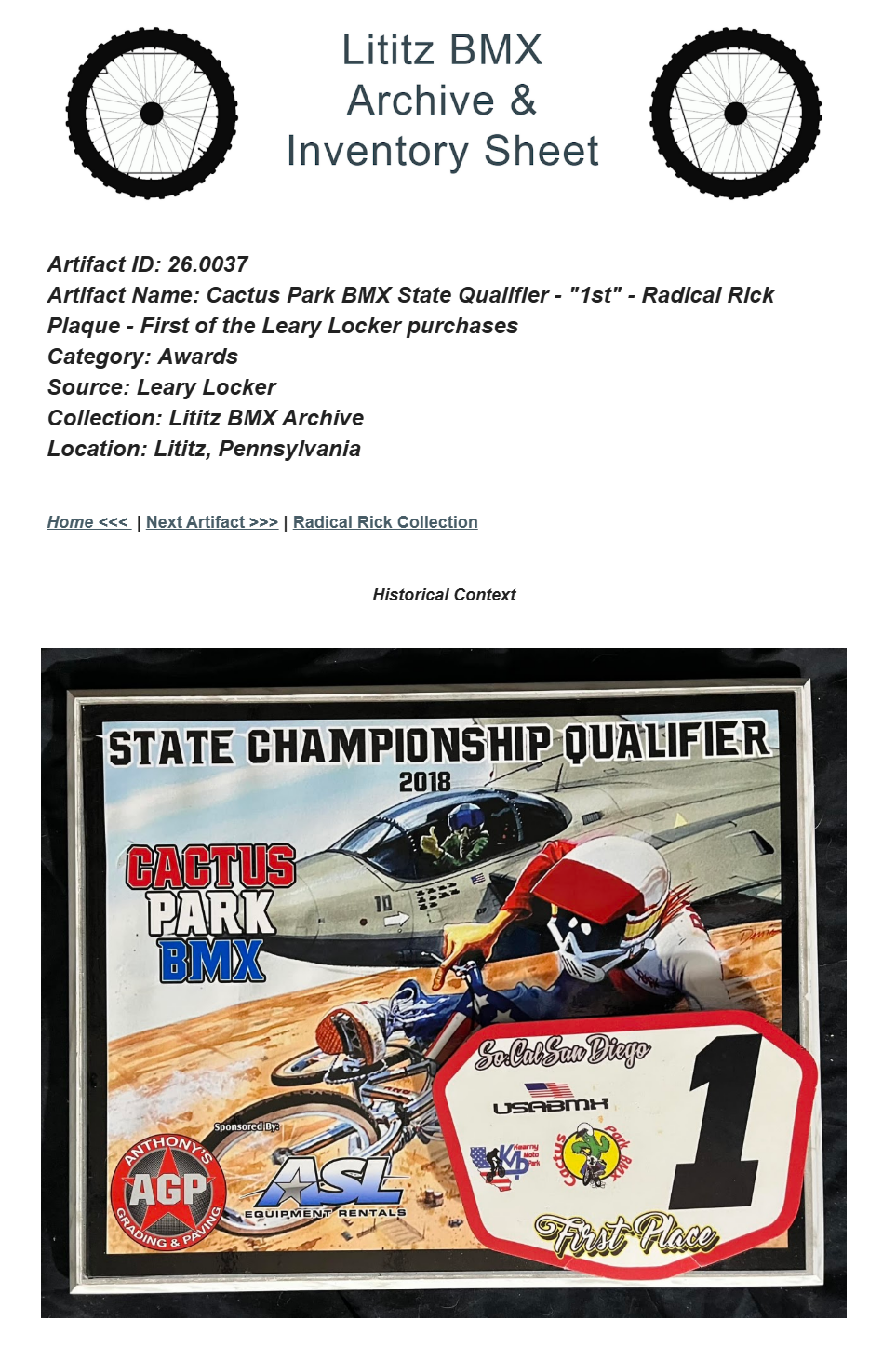 26.0037 — Cactus Park BMX State Qualifier - "1st" - Radical Rick Plaque - First of the Leary Locker purchases