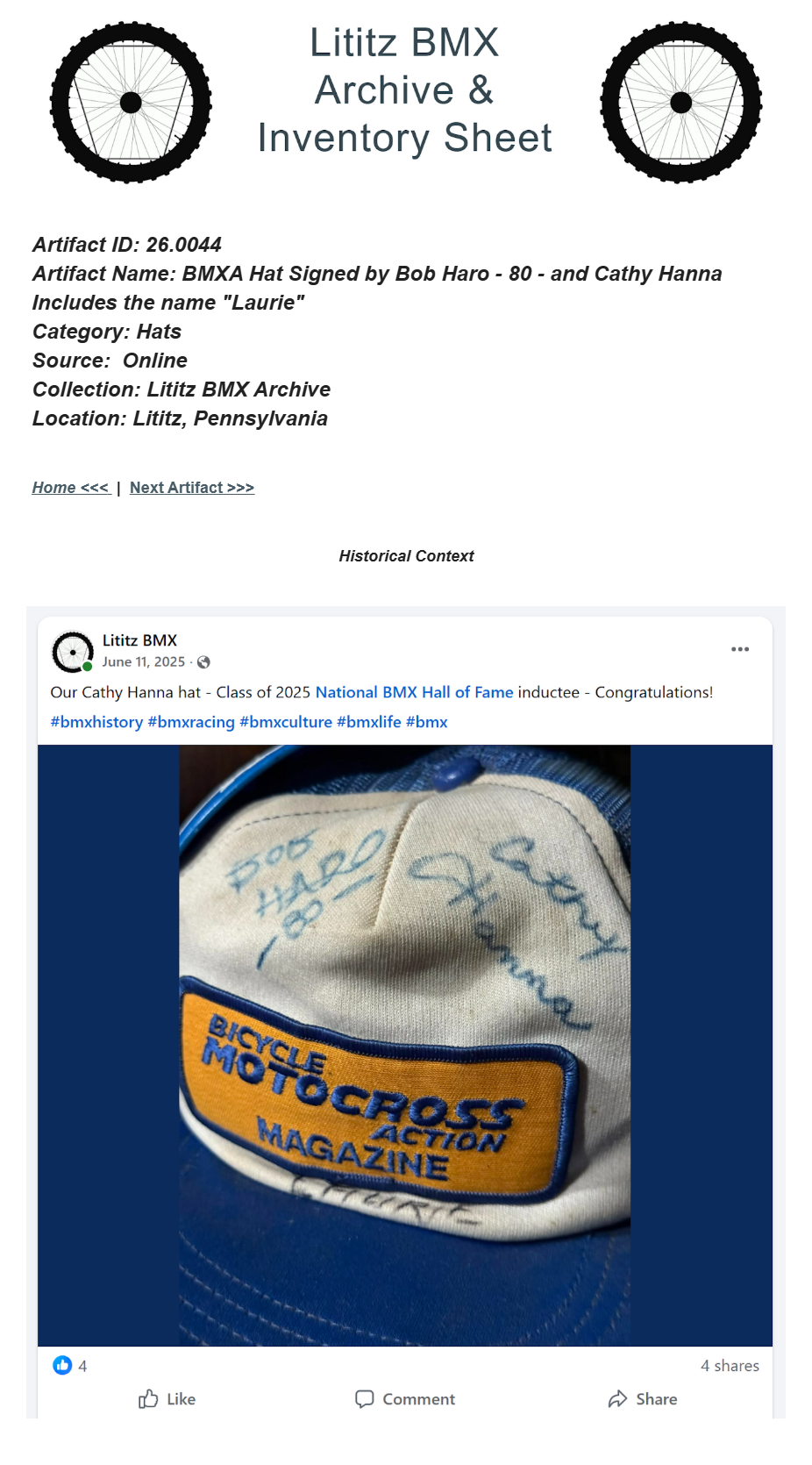 26.0044 — BMXA Hat Signed by Bob Haro - 80 - and Cathy Hanna Includes the name "Laurie"