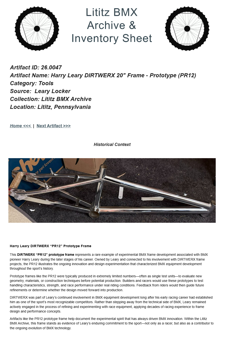 26.0047 — Harry Leary DIRTWERX 20” Frame - Prototype (PR12)