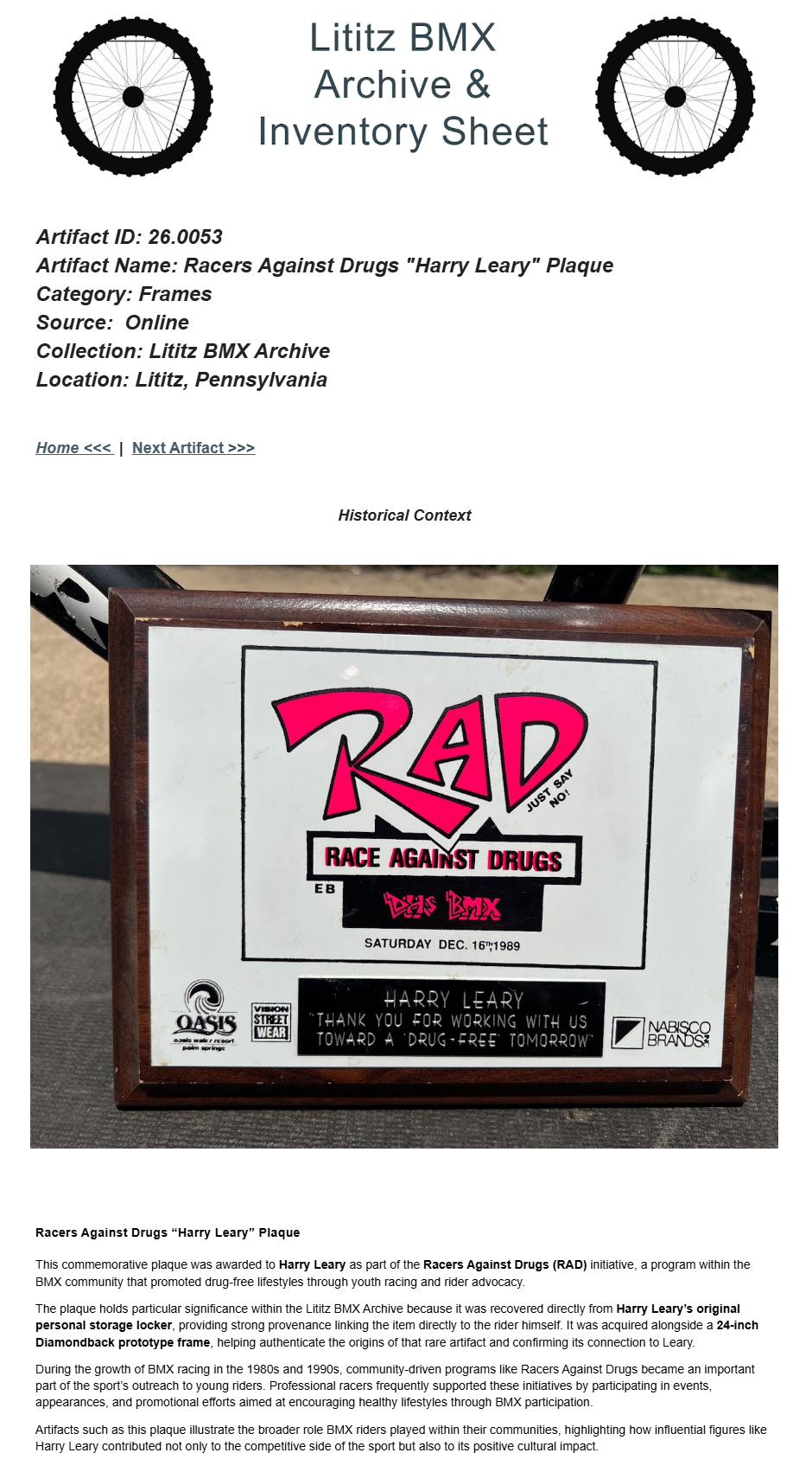 26.0053 — Racers Against Drugs "Harry Leary" Plaque