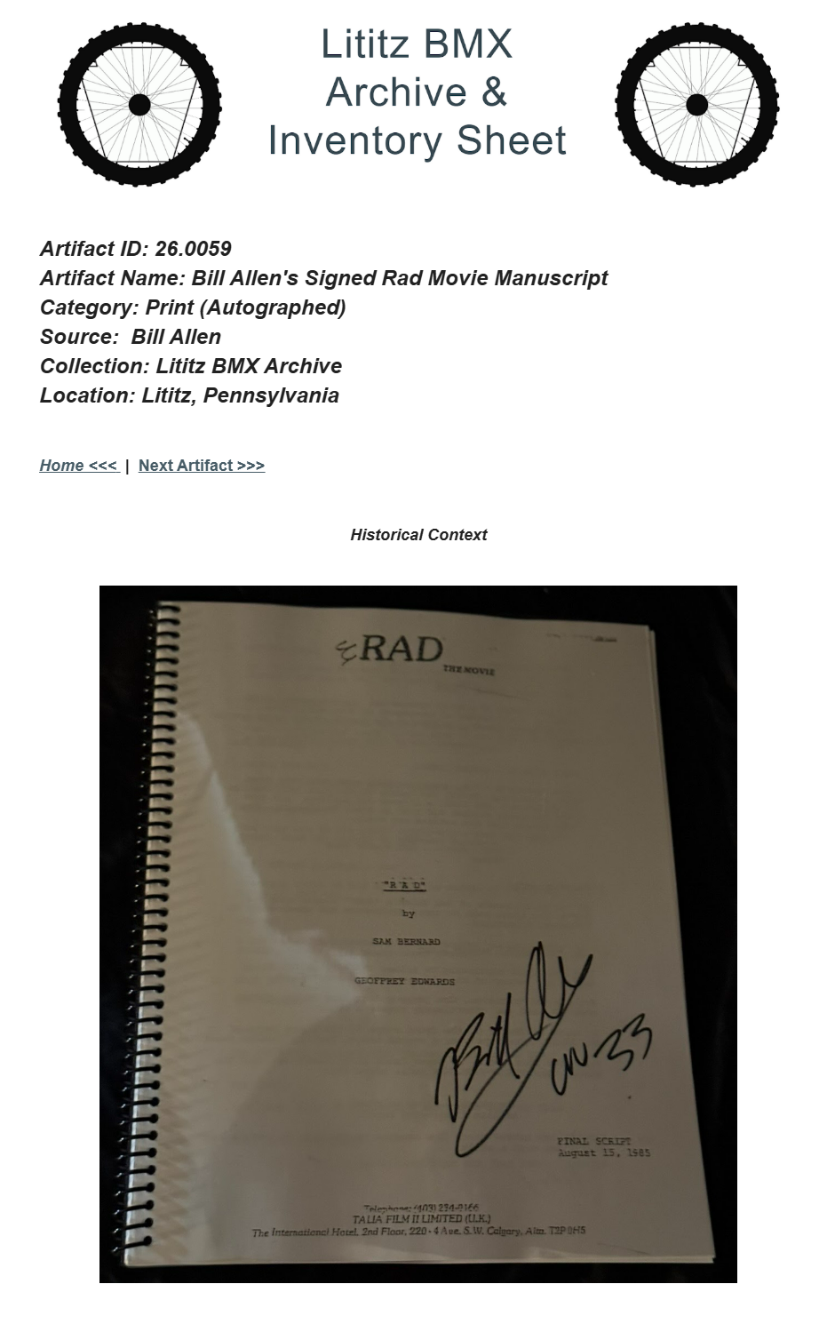 26.0059 — Bill Allen’s Signed Rad Movie Manuscript