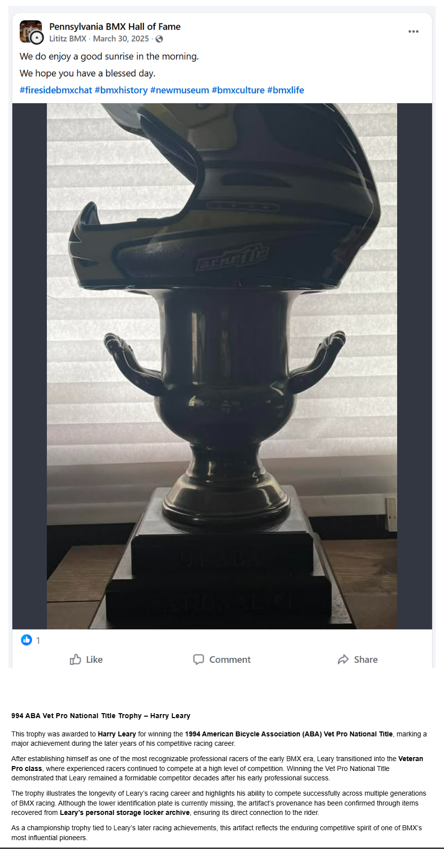 26.0067 — 1994 ABA Vet Pro Title Trophy Won by Harry Leary Lower plate is missing