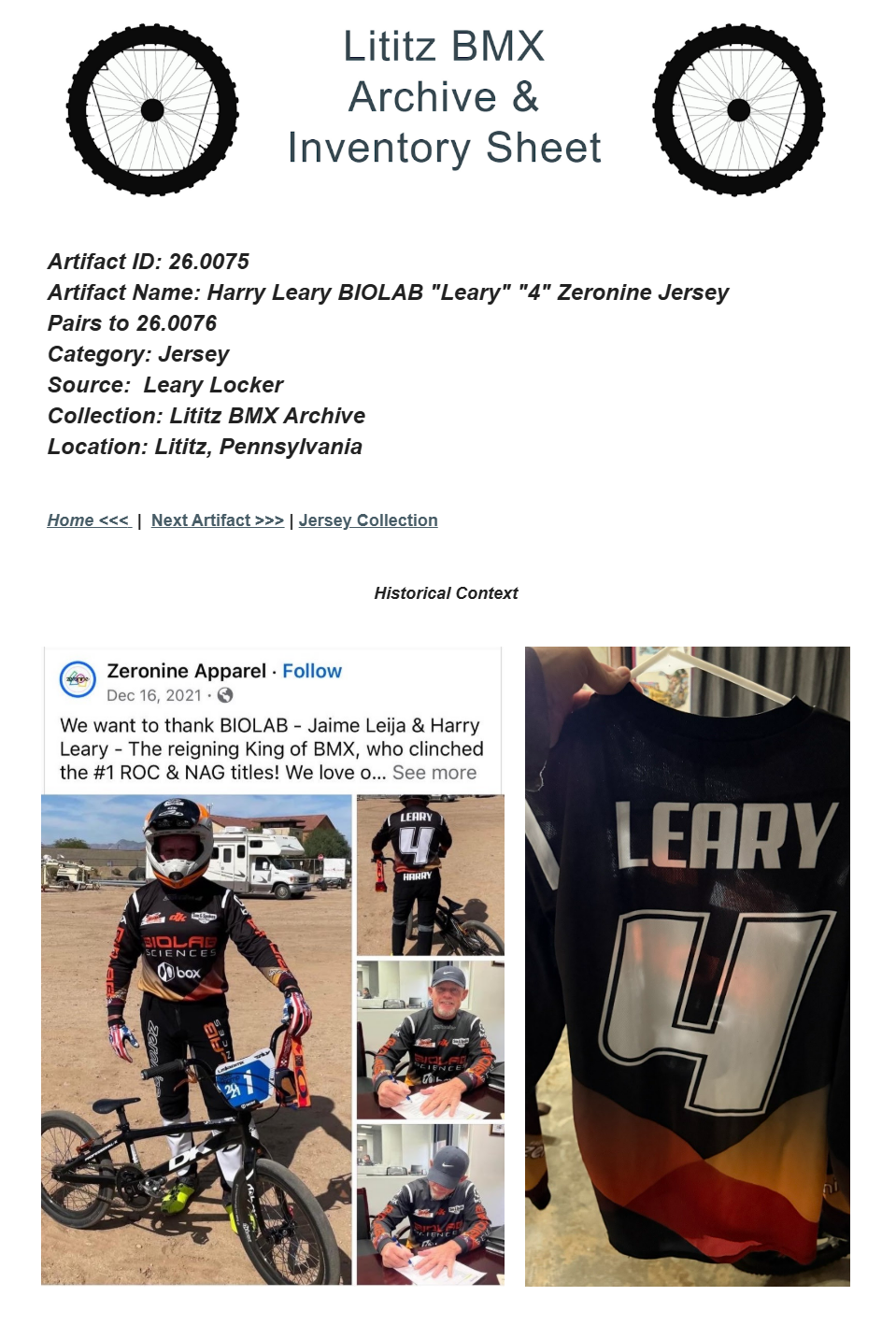26.0075 — Harry Leary BIOLAB "Leary" "4" Zeronine Jersey Pairs to 26.0076