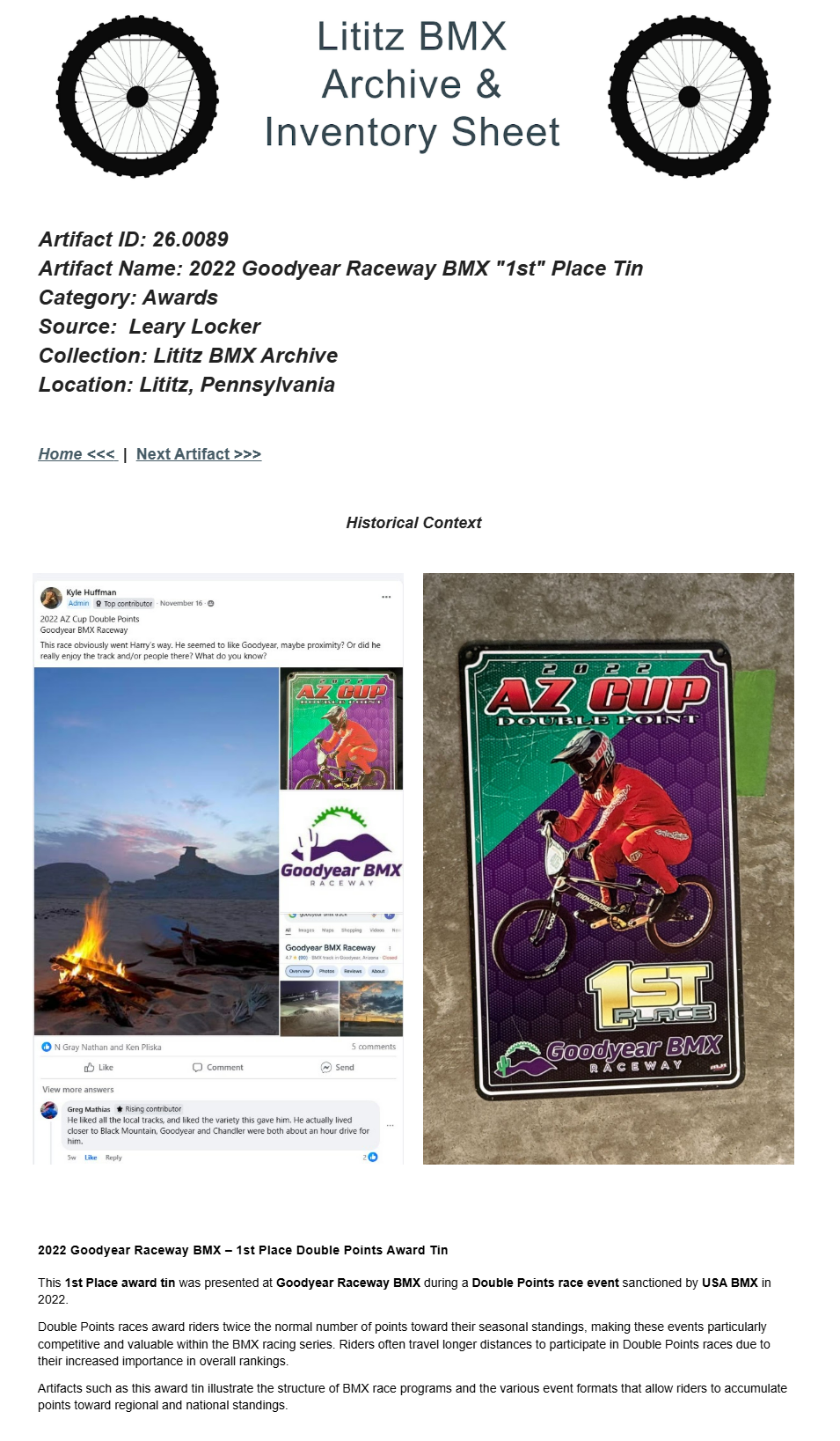 26.0089 — 2022 Goodyear Raceway BMX "1st" Place Tin