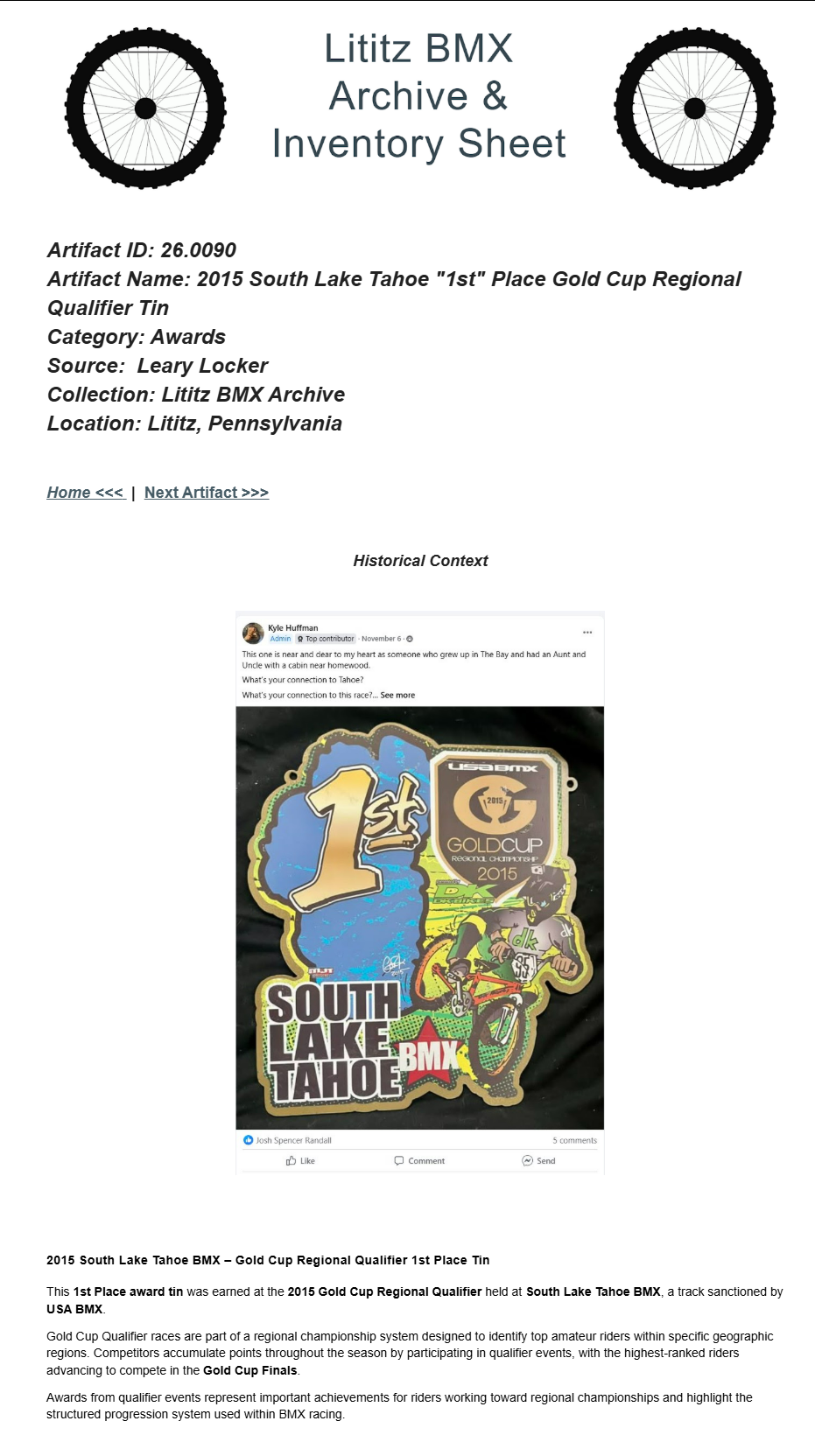 26.0090 — 2015 South Lake Tahoe "1st" Place Gold Cup Regional Qualifier Tin