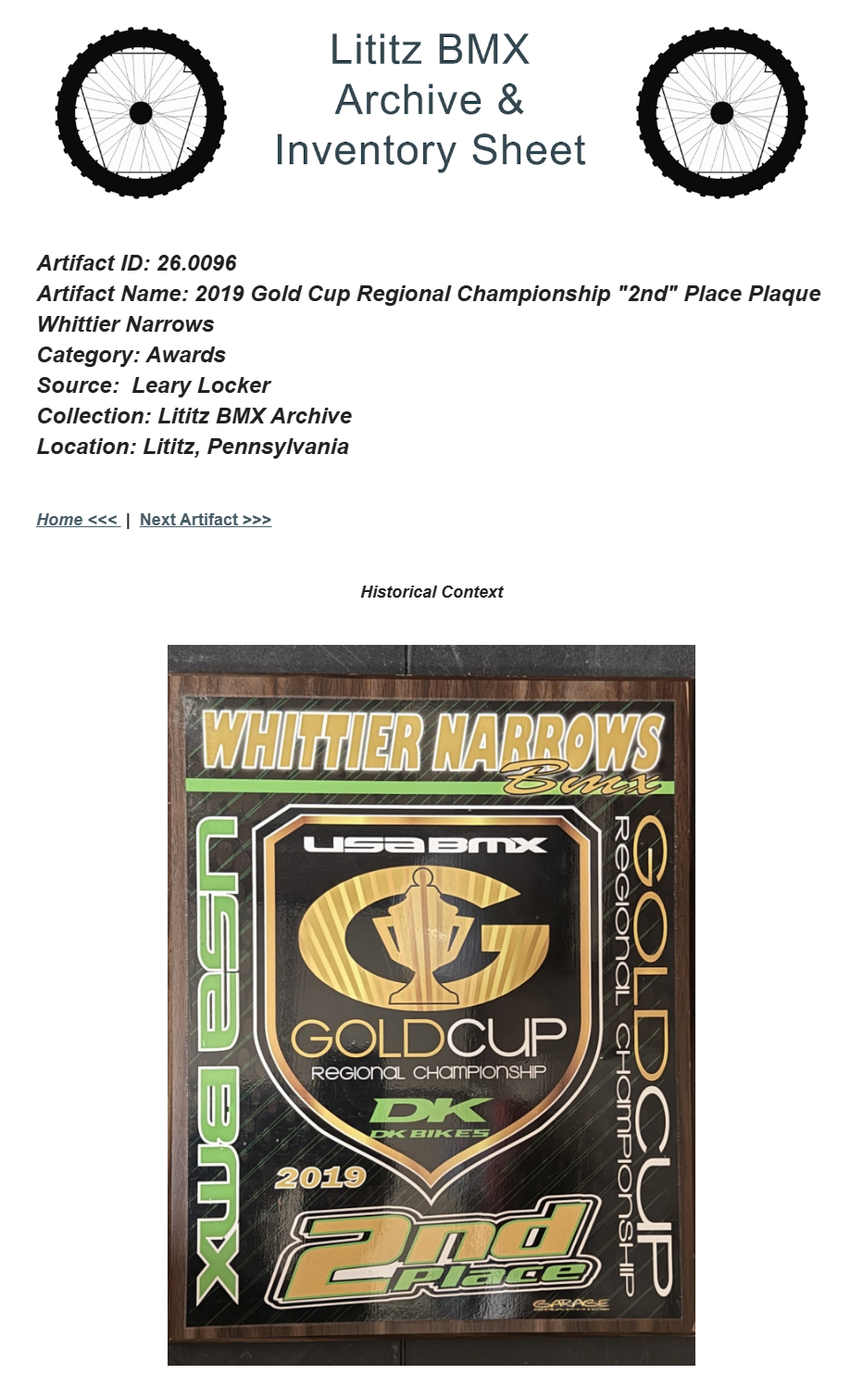 26.0096 — 2019 Gold Cup Regional Championship "2nd" Place Plaque Whittier Narrows