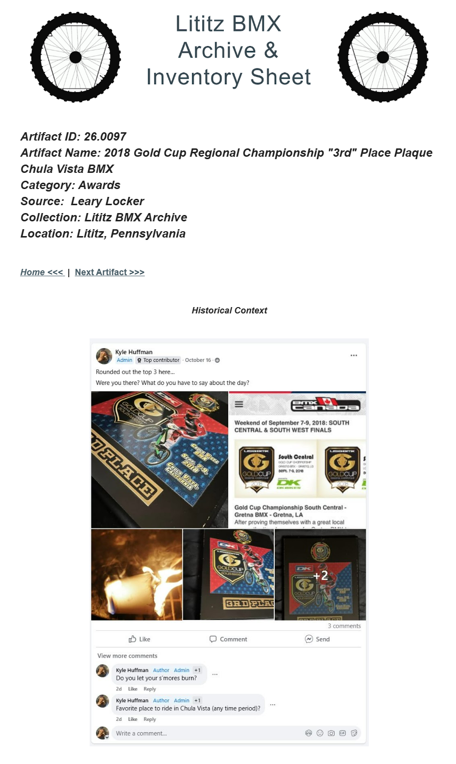 26.0097 — 2018 Gold Cup Regional Championship "3rd" Place Plaque Chula Vista BMX