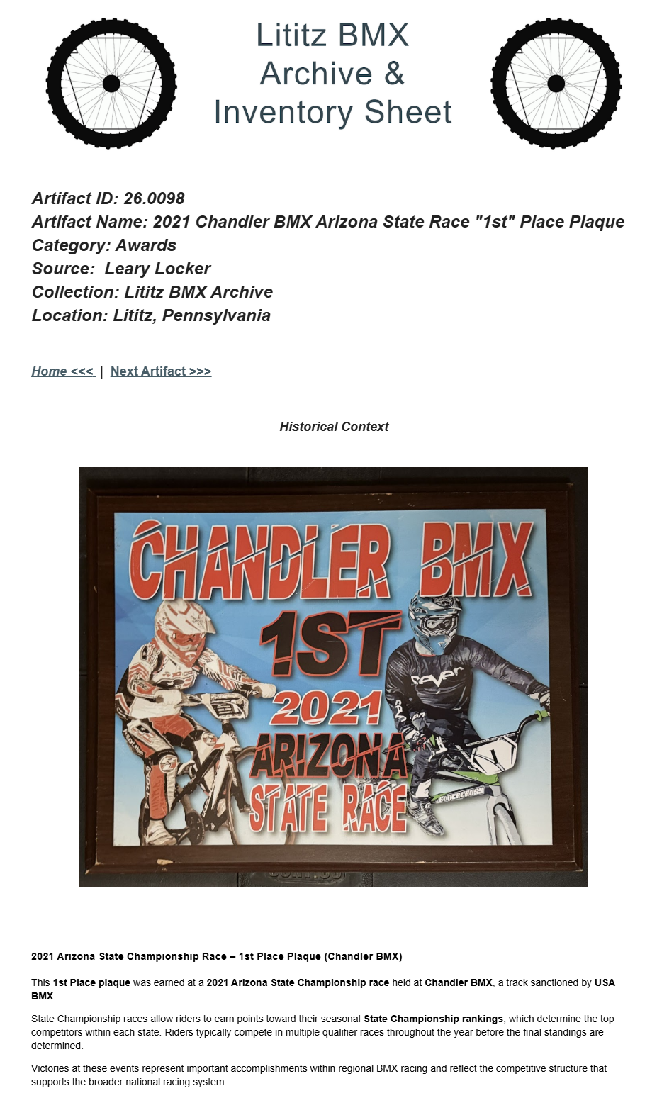 26.0098 — 2021 Chandler BMX Arizona State Race "1st" Place Plaque