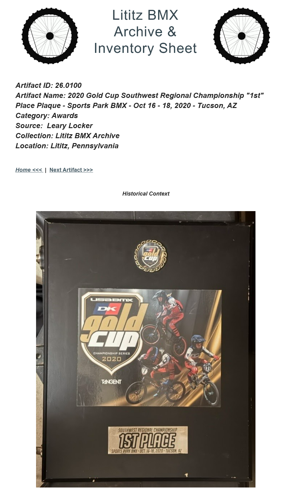 26.0100 — 2020 Gold Cup Southwest Regional Championship "1st" Place Plaque - Sports Park BMX - Oct 16 - 18, 2020 - Tucson, AZ