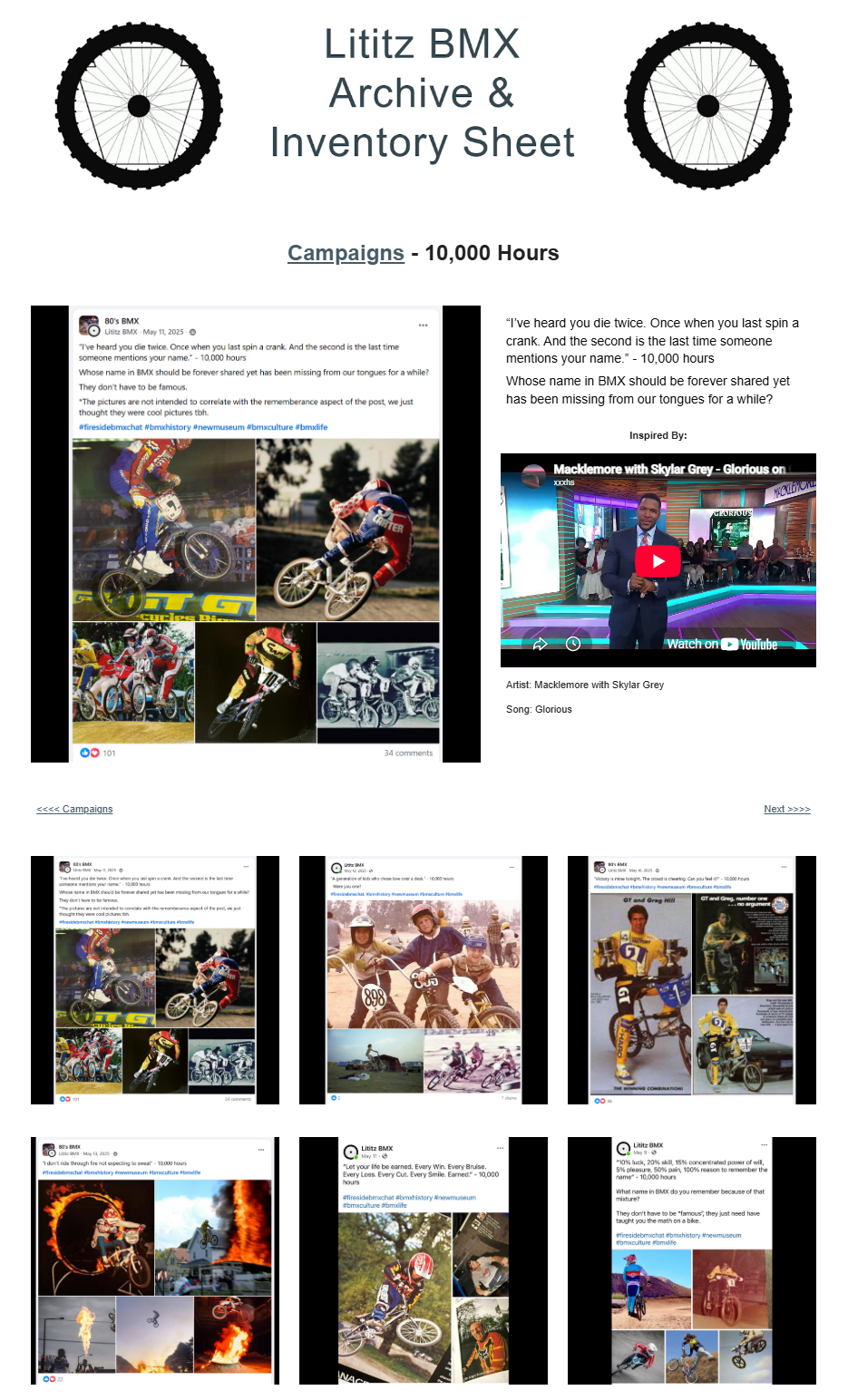 10,000 Hours of BMX Inspiration Mixed Tape — published campaign index and visual track grid.
