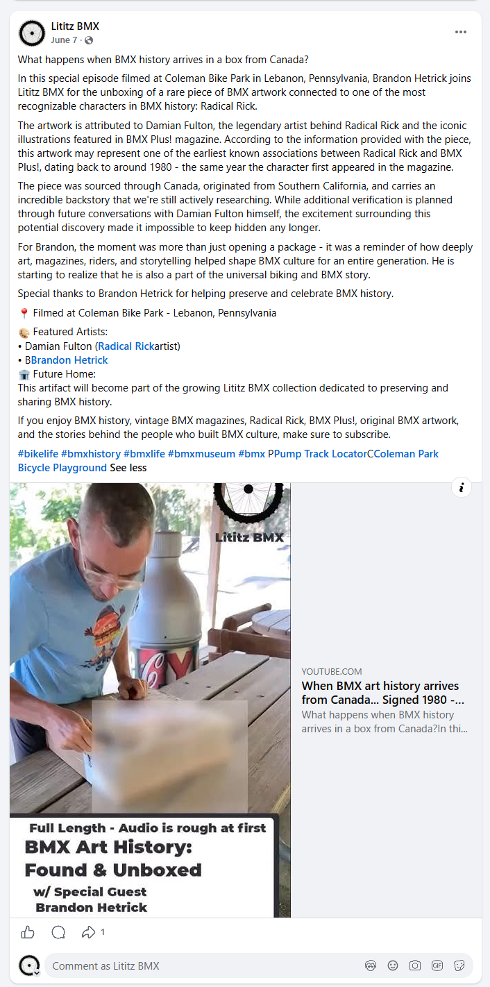 Facebook publication record for the Coleman Bike Park unboxing video.