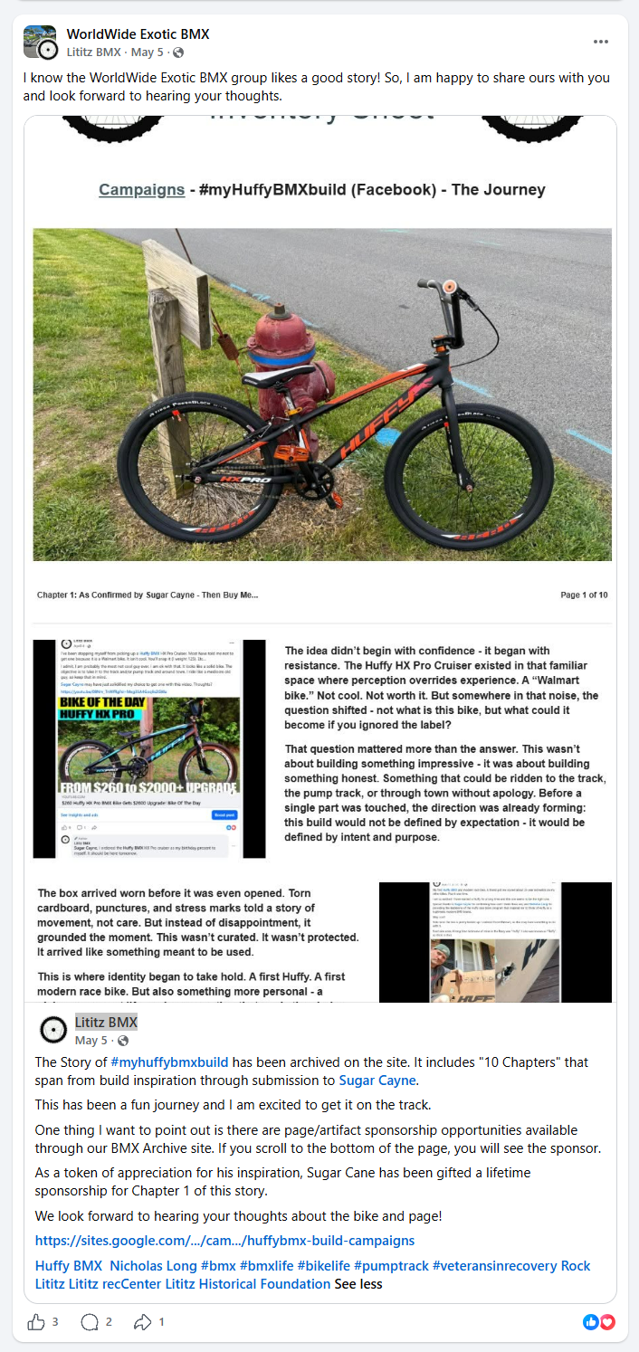 WorldWide Exotic BMX post sharing the ten-chapter myHuffyBMXBuild campaign page.