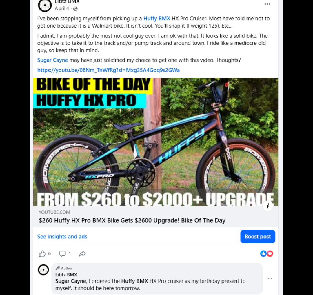 The original Lititz BMX post questioning assumptions about the Huffy HX Pro Cruiser after viewing a Sugar Cayne feature.