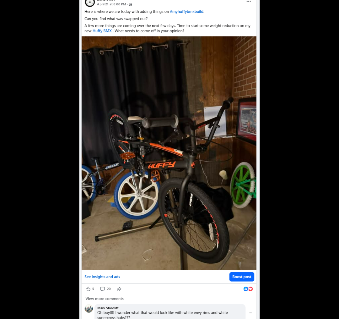 The Huffy on its repair stand as the build turns toward weight reduction and component review.