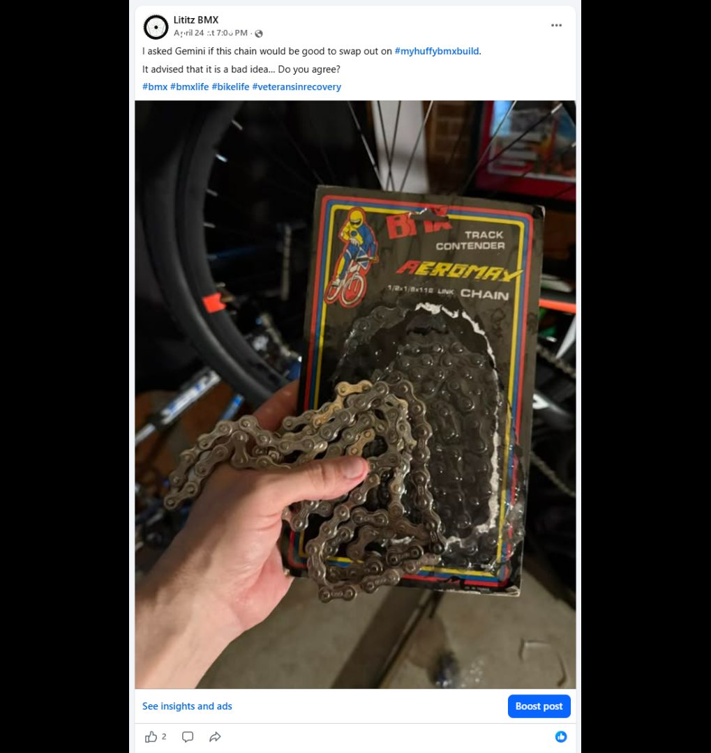 A vintage packaged BMX chain associated with Harry Leary considered for installation but ultimately withheld.