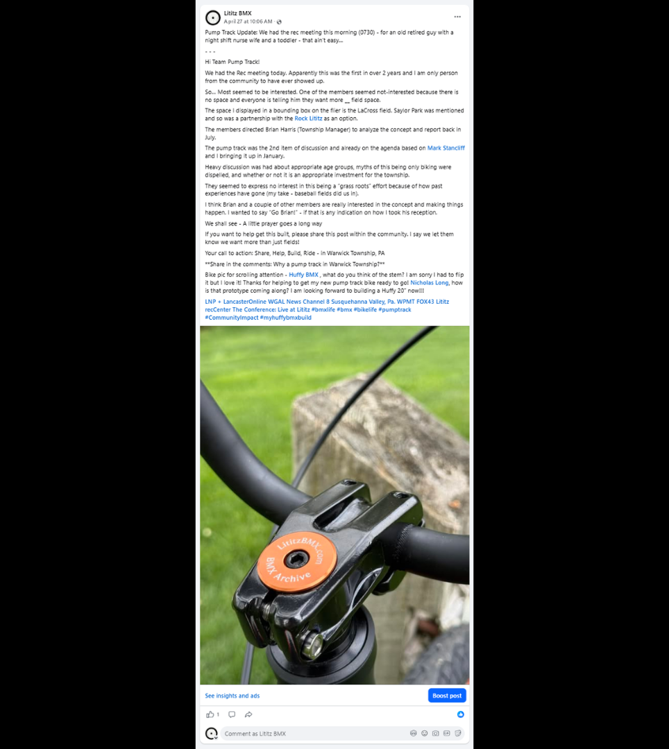 The Huffy shown in the Warwick Township recreation-meeting update about pump-track advocacy.