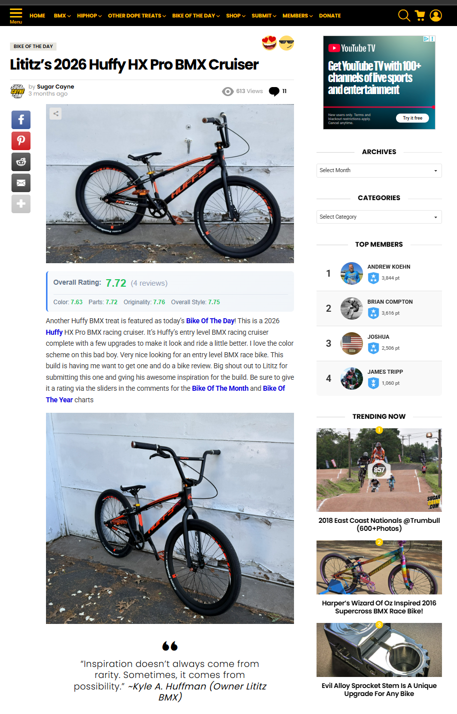Sugar Cayne article page featuring Lititz’s 2026 Huffy HX Pro BMX Cruiser.