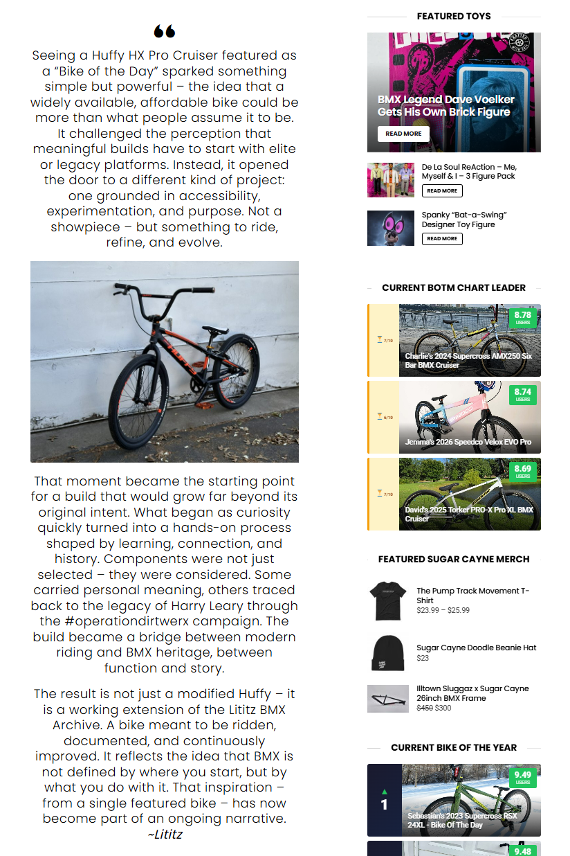 The Sugar Cayne article section preserving the Lititz BMX statement about accessibility, possibility, history, and ongoing use.