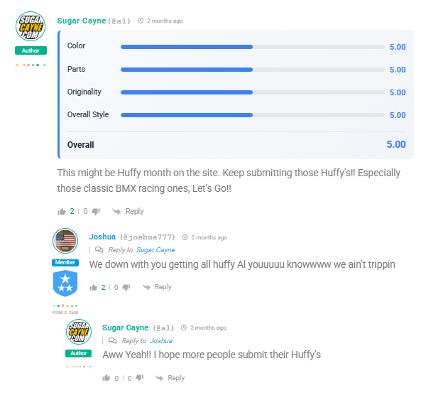 Sugar Cayne’s visible starting review of five points in each rating category.
