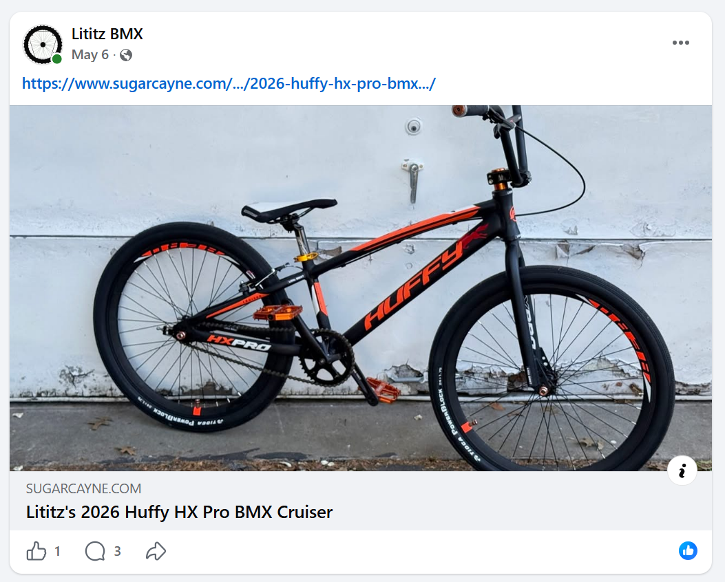Lititz BMX Facebook post sharing the published Sugar Cayne article on May 6.