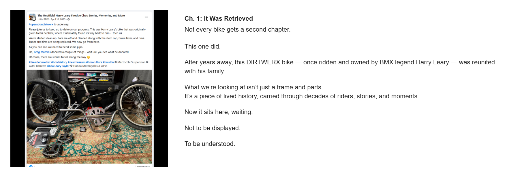 The Lititz BMX public campaign section for Chapter 1, It Was Retrieved.