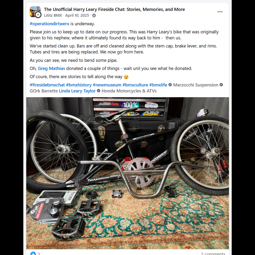 Operation DIRTWERX campaign launch showing Harry Leary’s bicycle disassembled for preservation work.