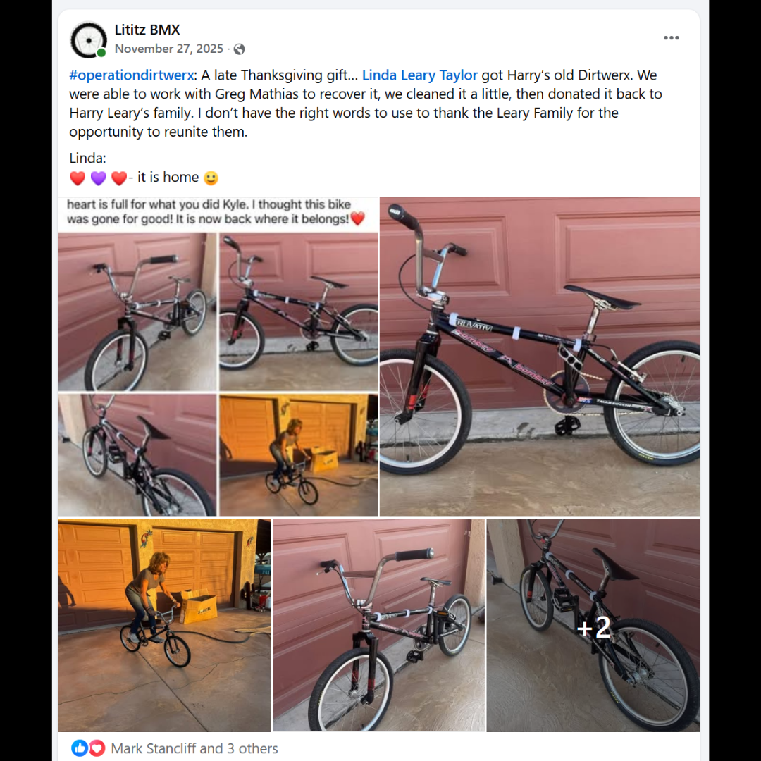 The November 27, 2025 Lititz BMX post documenting the completed bicycle’s return to Linda Leary Taylor and the Leary family.