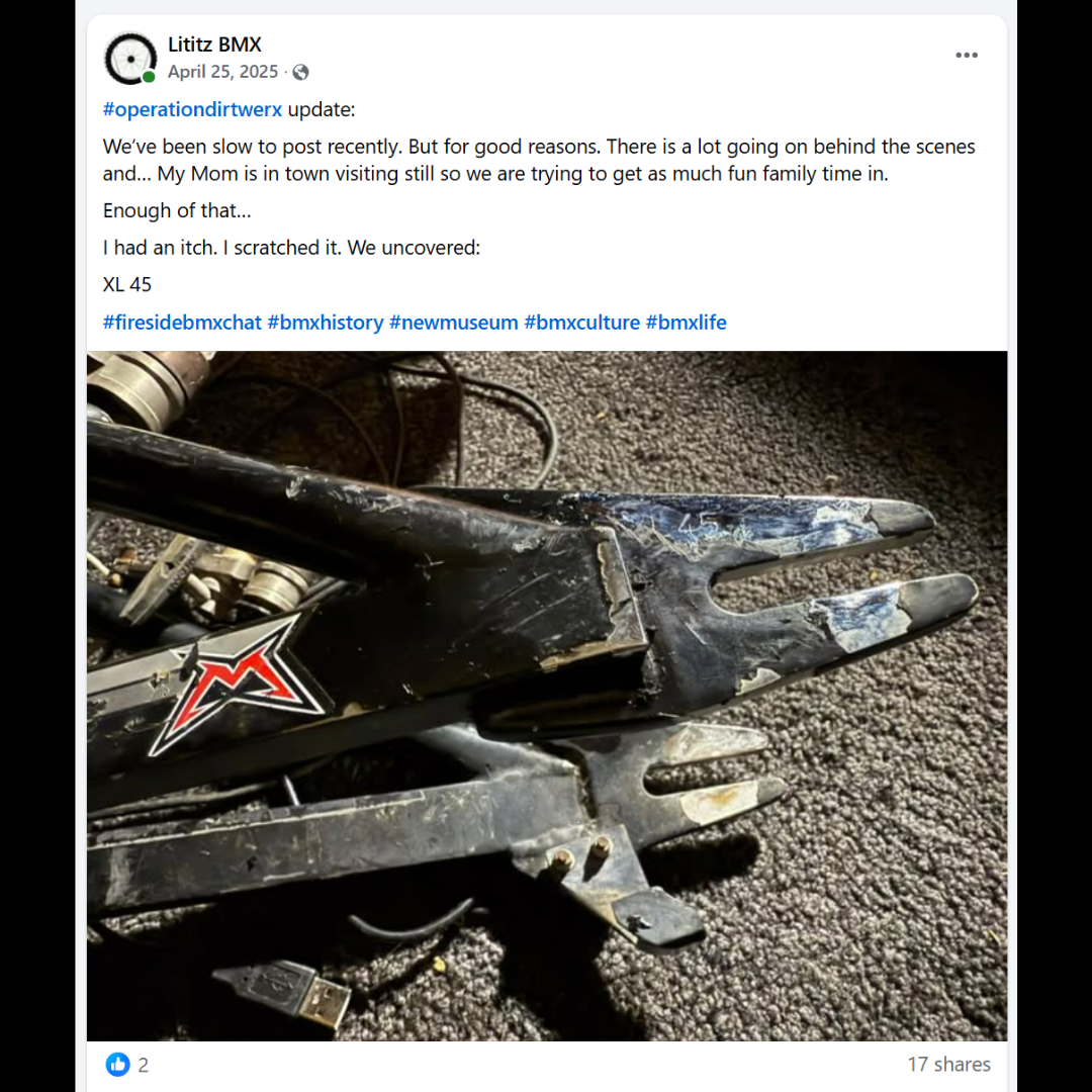 The April 25, 2025 Lititz BMX update documenting wear near the rear dropout and the uncovered XL 45 marking.