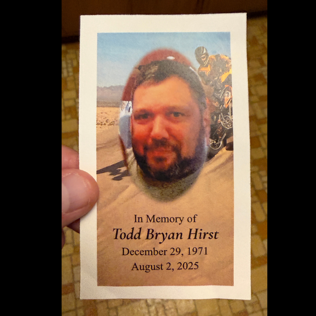 The front of the Todd Bryan Hirst memorial card, preserved as an undated source image.
