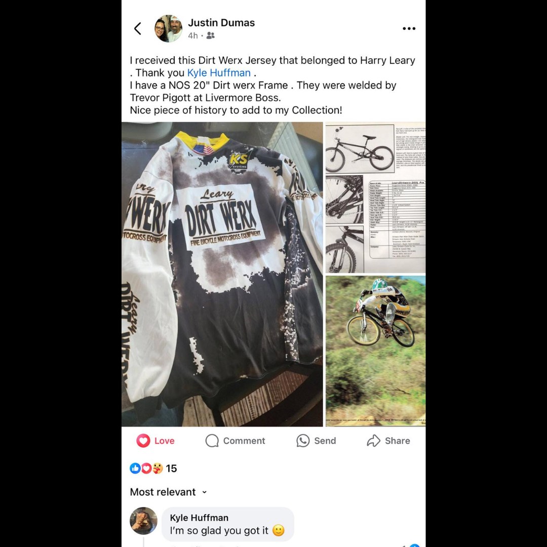 The undated Justin Dumas post documenting receipt of Harry Leary’s Dirt Werx jersey and a Livermore Boss frame statement.