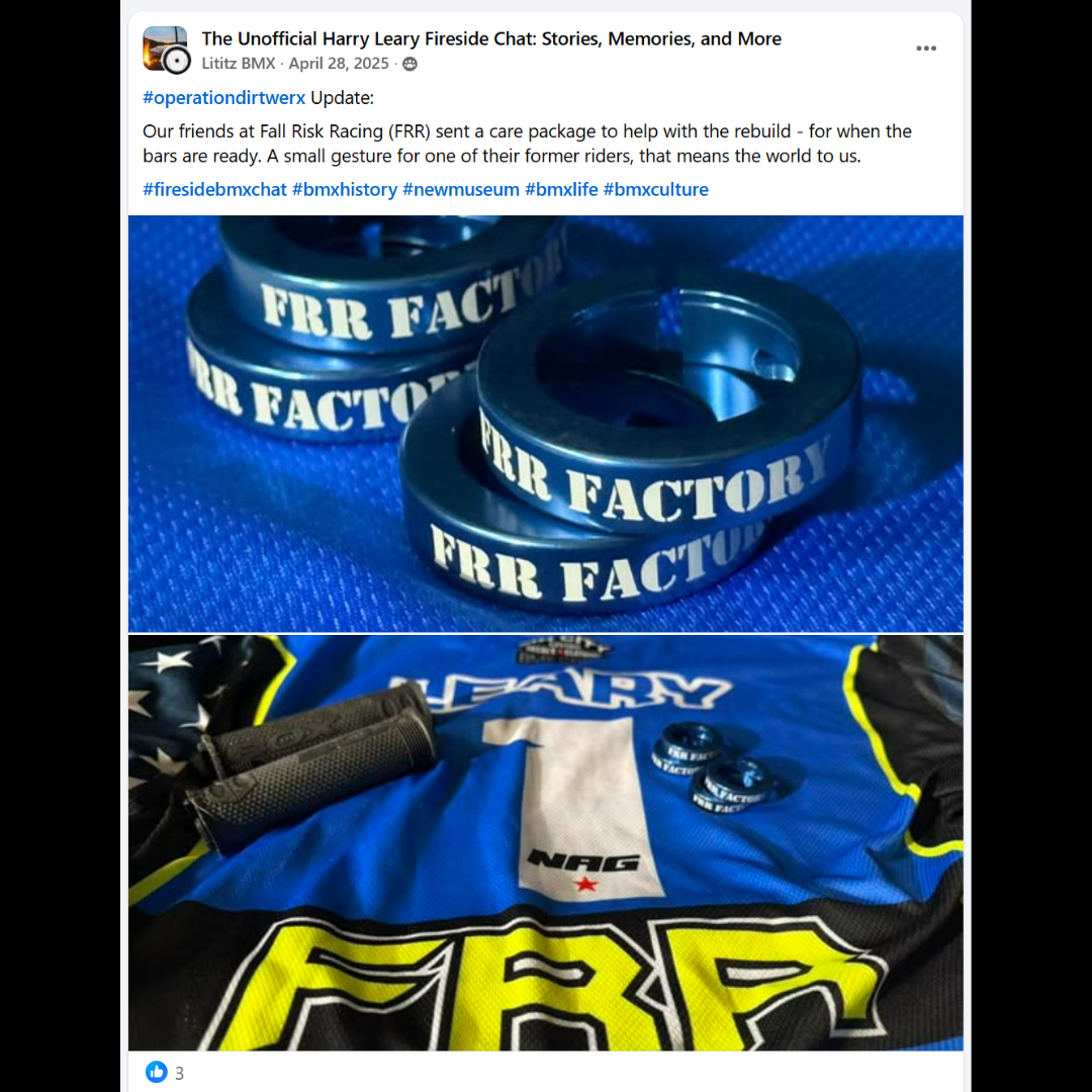 The April 28, 2025 post documenting a Fall Risk Racing care package supporting the rebuild.