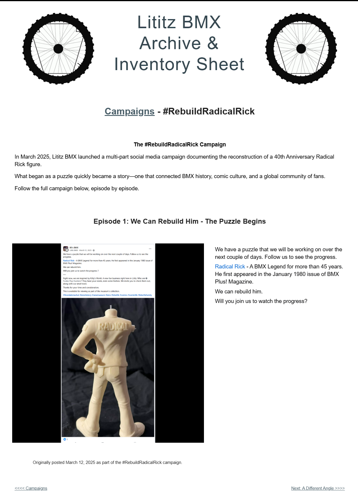 A full Lititz BMX campaign-page capture introducing Episode 1 and the #RebuildRadicalRick reconstruction puzzle.