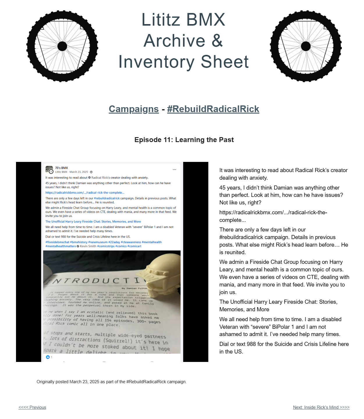 The Lititz BMX public archive page for Episode 11, Learning the Past.