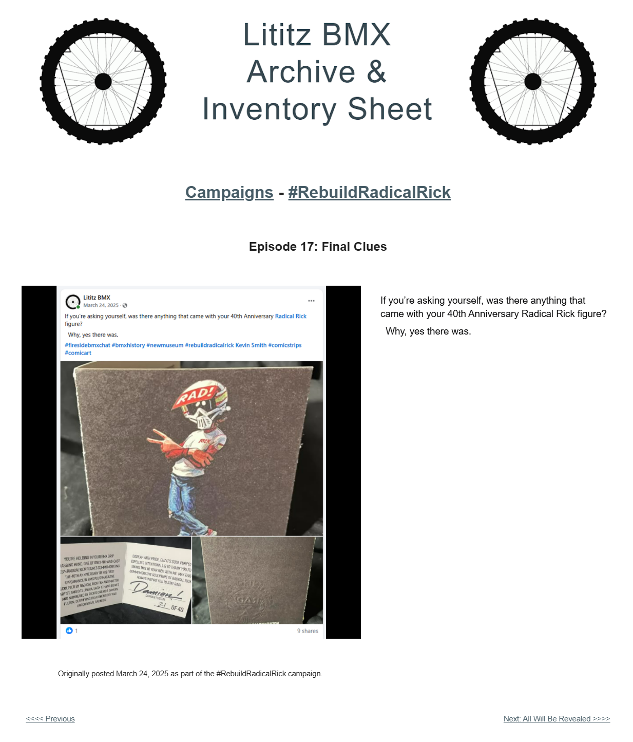 The Lititz BMX public archive page for Episode 17, Final Clues.
