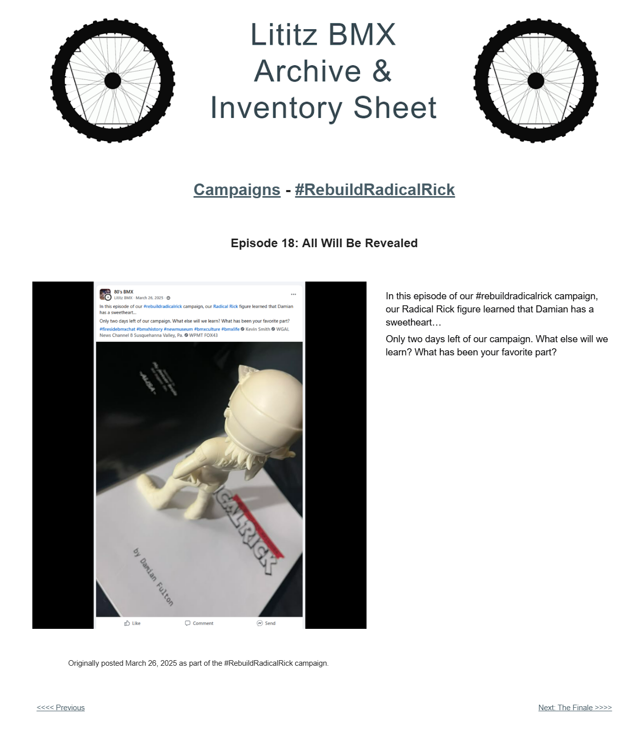 The Lititz BMX public archive page for Episode 18, All Will Be Revealed.
