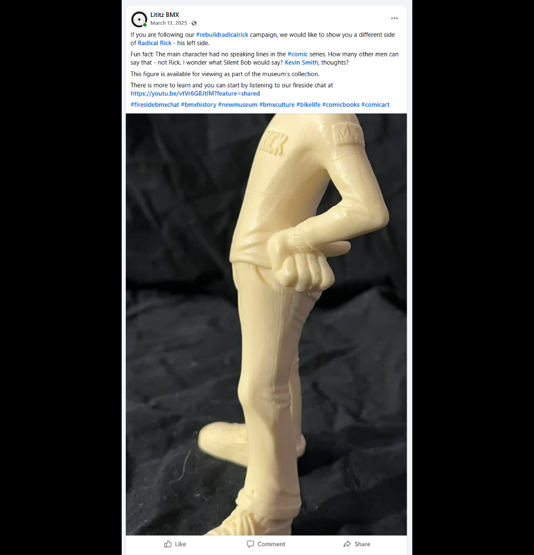 The original March 13, 2025 social-media post showing the left side of the headless Radical Rick body component.