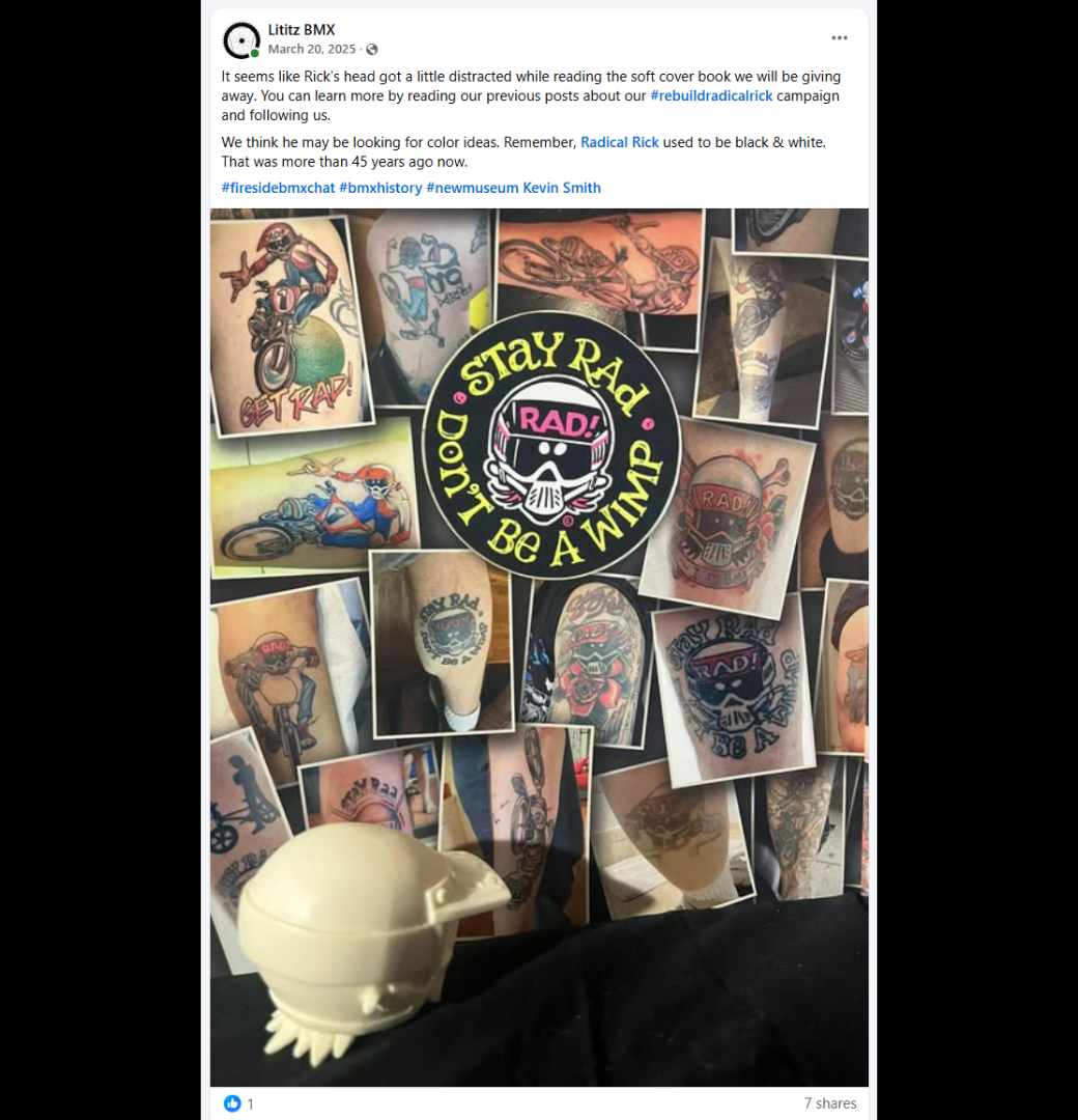 The original March 20, 2025 social-media post positioning the detached head among Radical Rick artwork and tattoos.