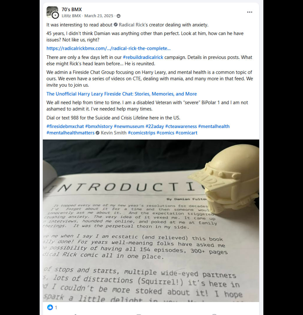 The original March 23, 2025 social-media post connecting Damian Fulton, anxiety, mental-health discussion, and the Radical Rick campaign.