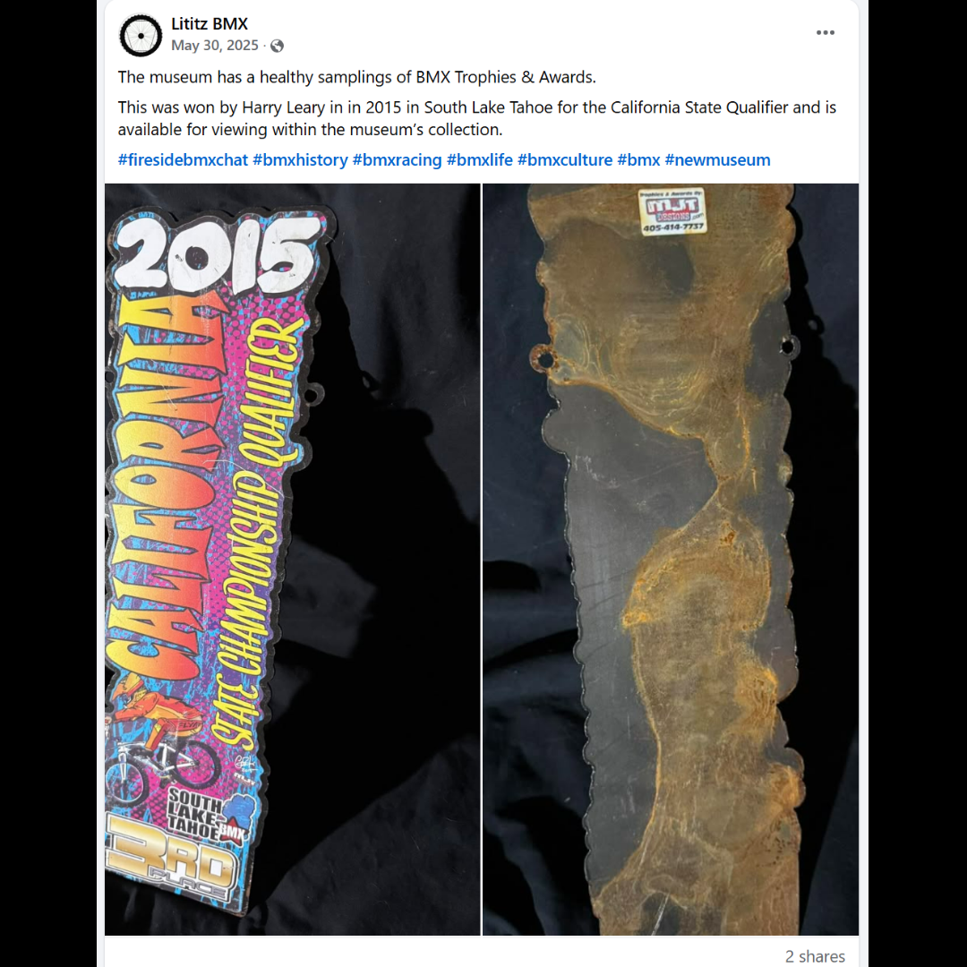 Front and back of a colorful 2015 California State Championship Qualifier award from South Lake Tahoe BMX.