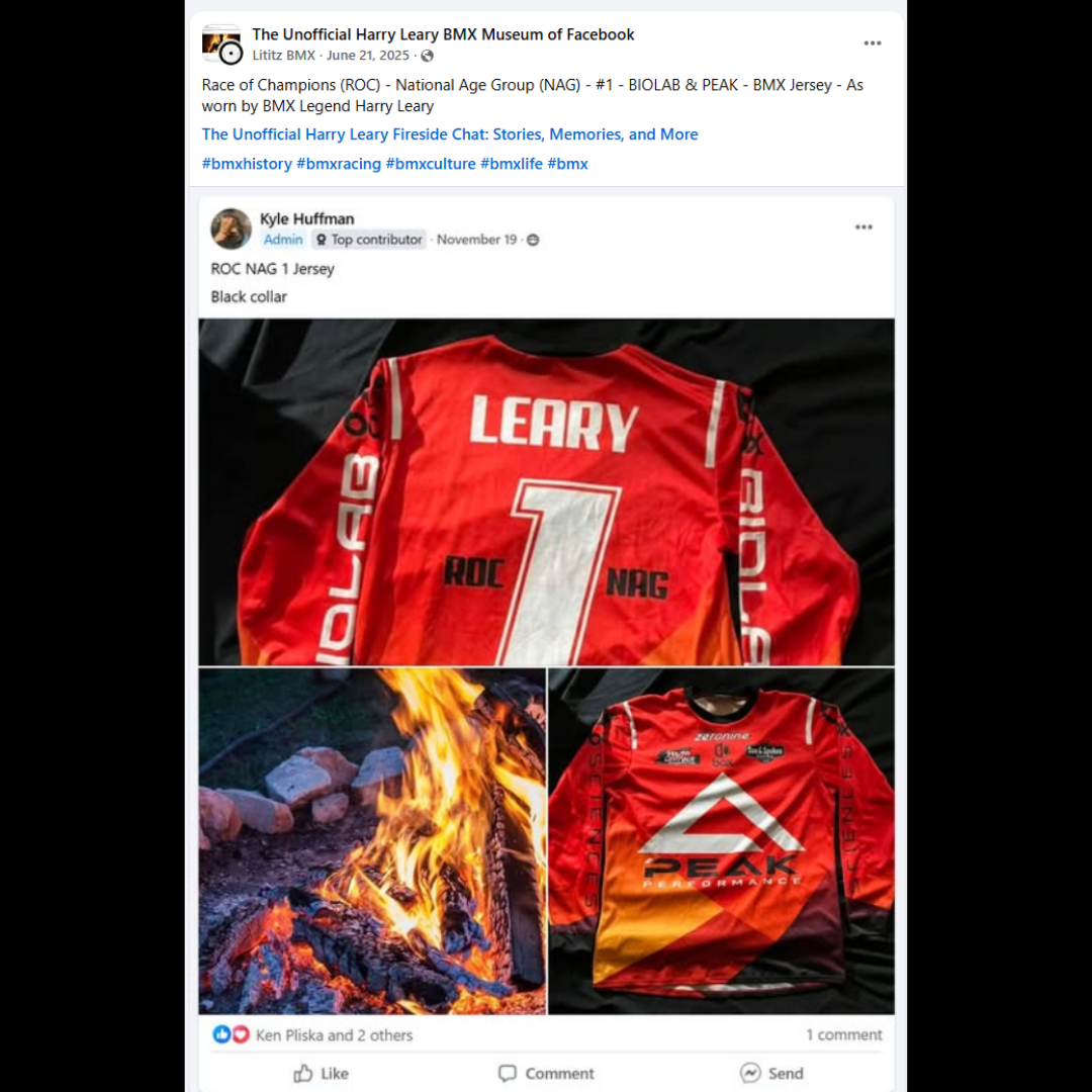 Red and orange BIOLAB and Peak Performance jersey marked LEARY, ROC, NAG and number one.