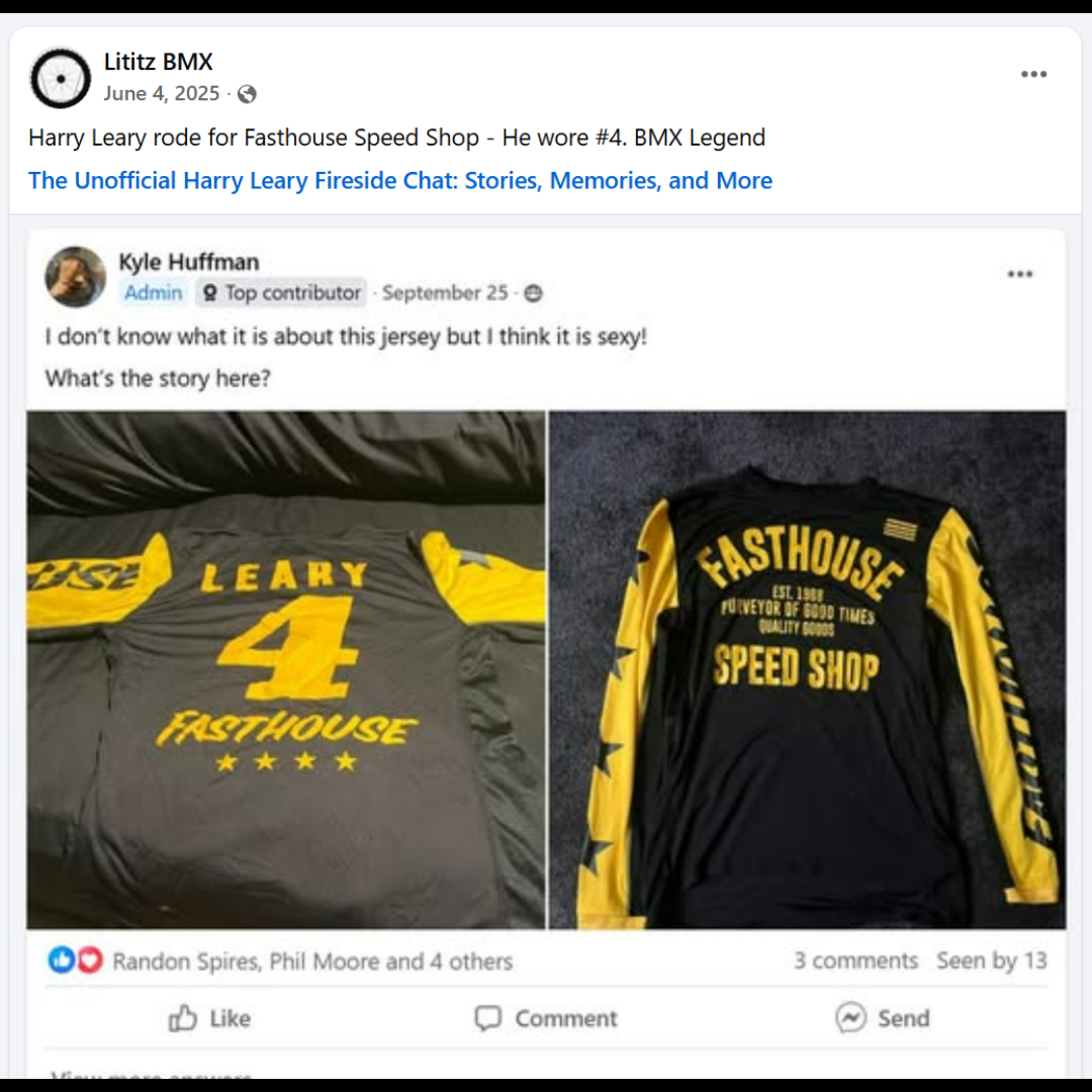 Black and yellow Fasthouse Speed Shop jersey marked LEARY and number four.