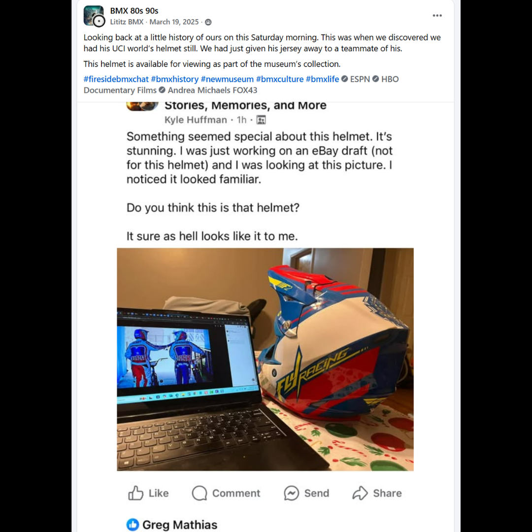 Blue, white and red Fly Racing full-face helmet beside a laptop showing comparison footage used in the collection attribution.