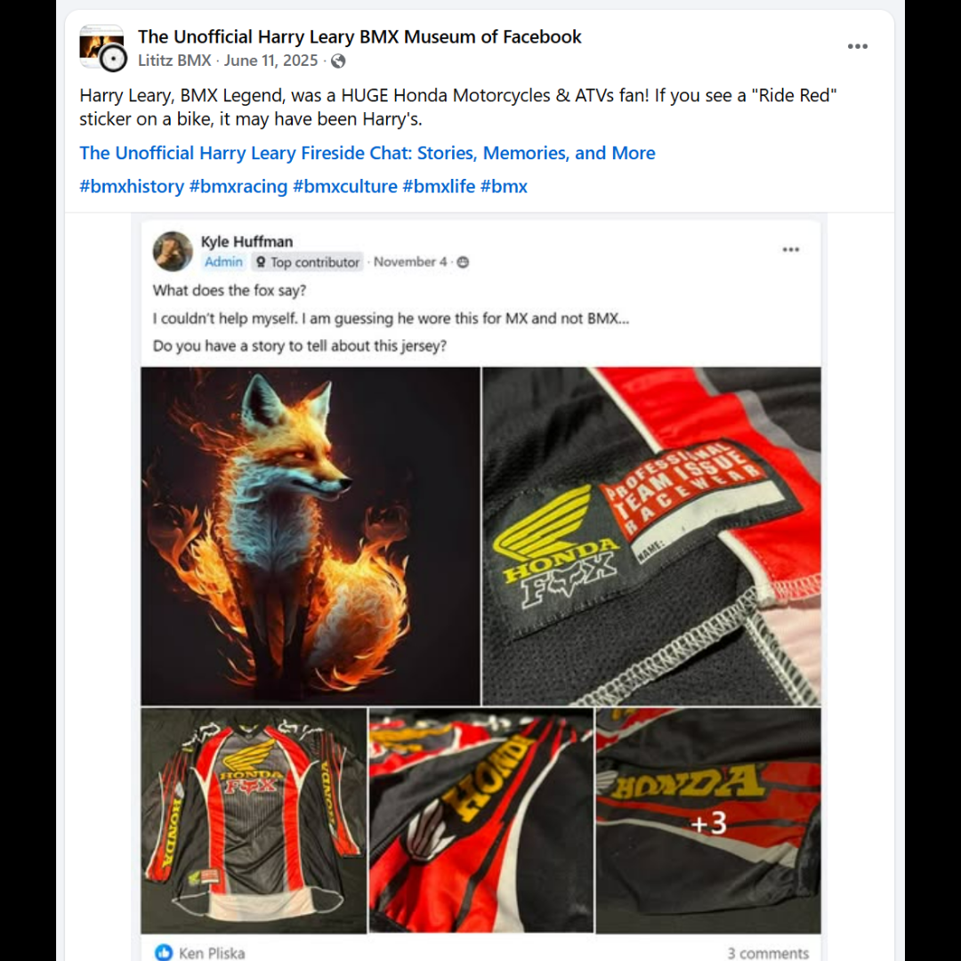 Facebook documentation showing a black, red and white Honda Fox racing jersey attributed to Harry Leary.