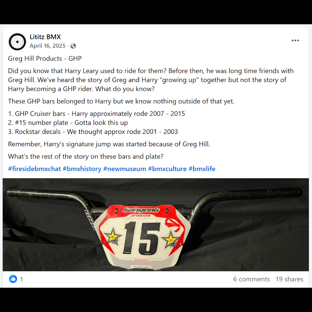 Black GHP cruiser handlebars with a red and white Tangent number 15 plate, shown in a Facebook research post.