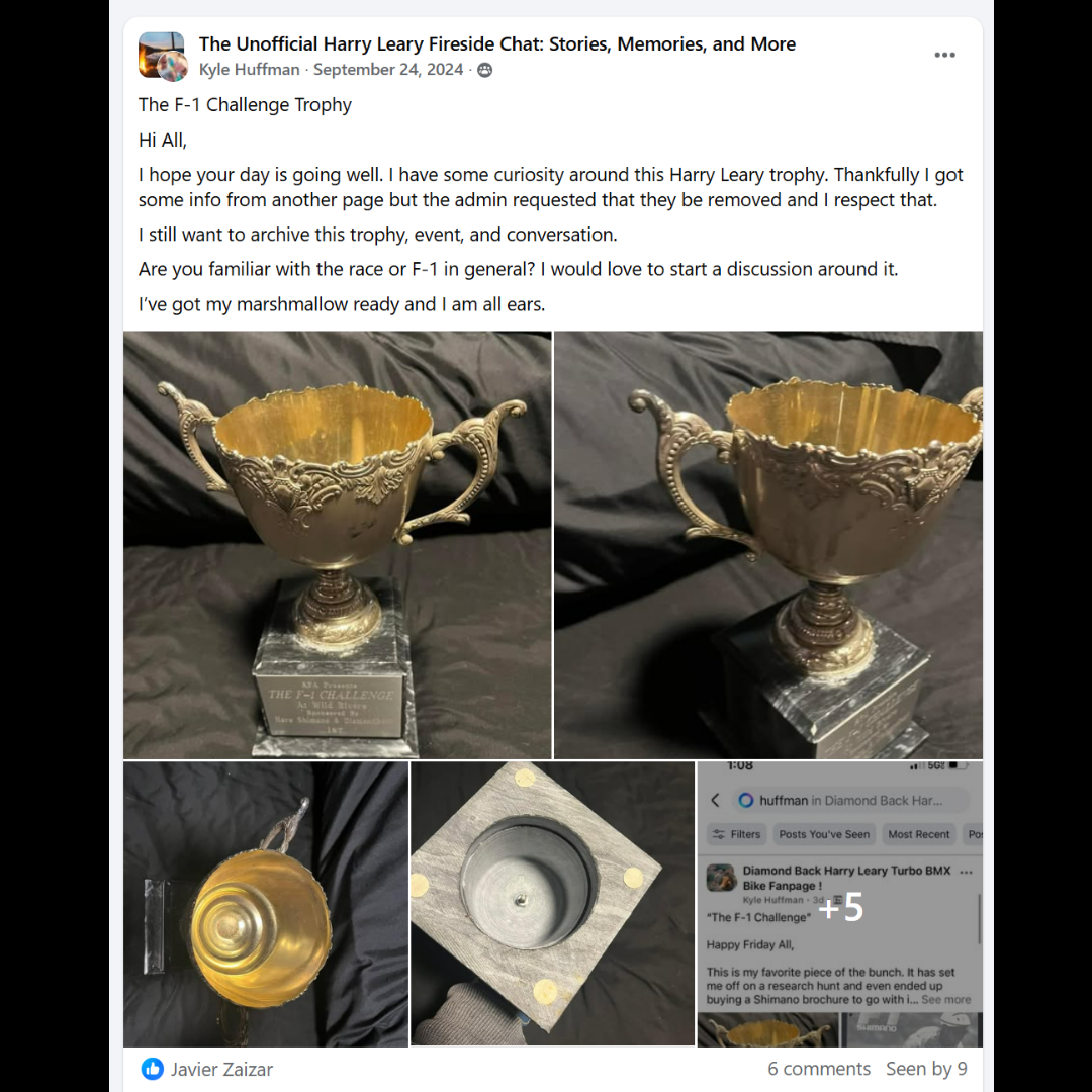 Ornate two-handled F-1 Challenge cup trophy shown from several angles with its base and underside.