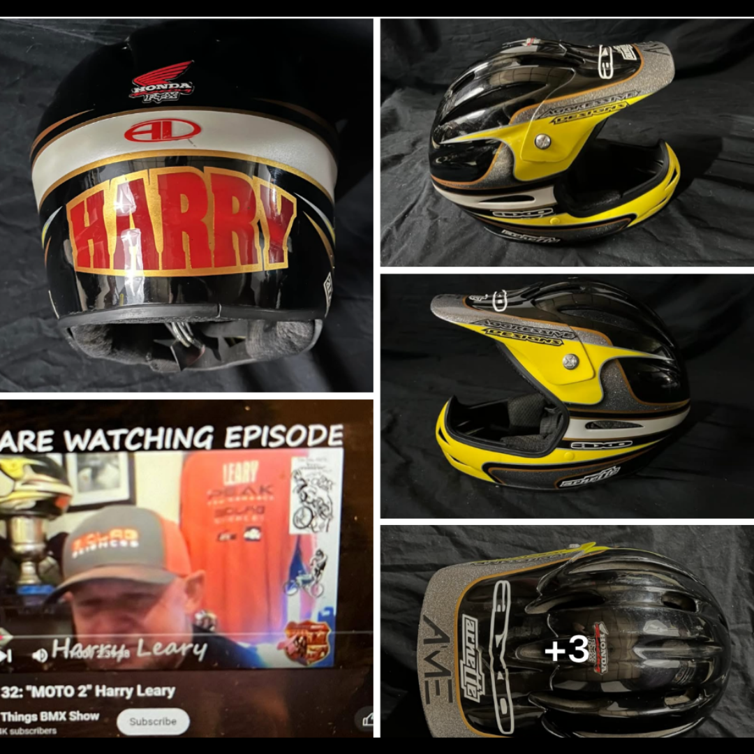 Black, yellow, silver and white full-face helmet marked HARRY, photographed from multiple angles with a contextual video still.