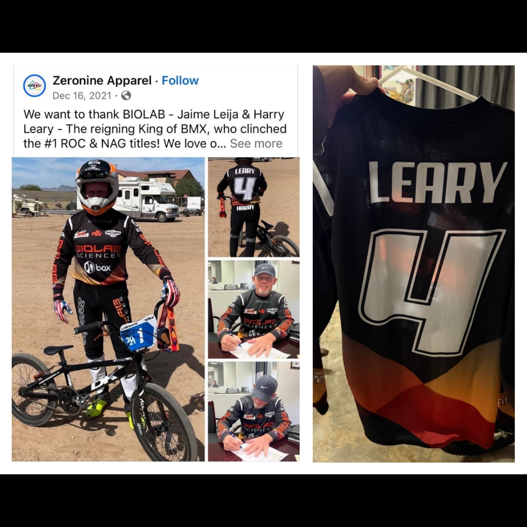 Zeronine Apparel post and photographs of a black, white and orange BIOLAB jersey marked LEARY and number four.